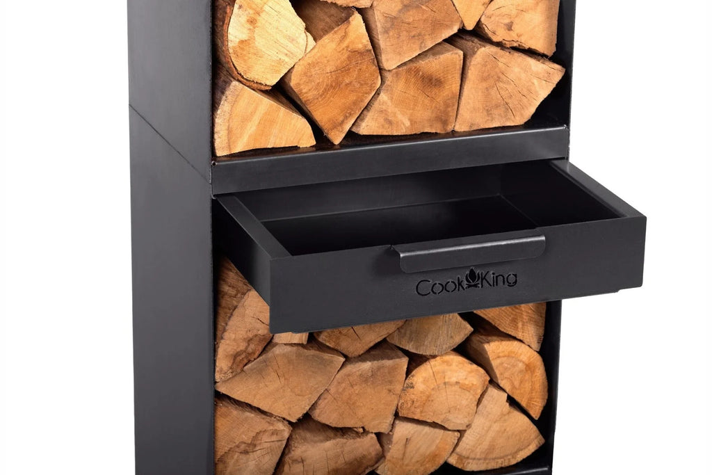 Unité de stockage de bois noir avec tiroir et logo de marque ’cookking’