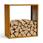 Boîte de rangement à bois en bois avec finition naturelle et quincaillerie en métal.