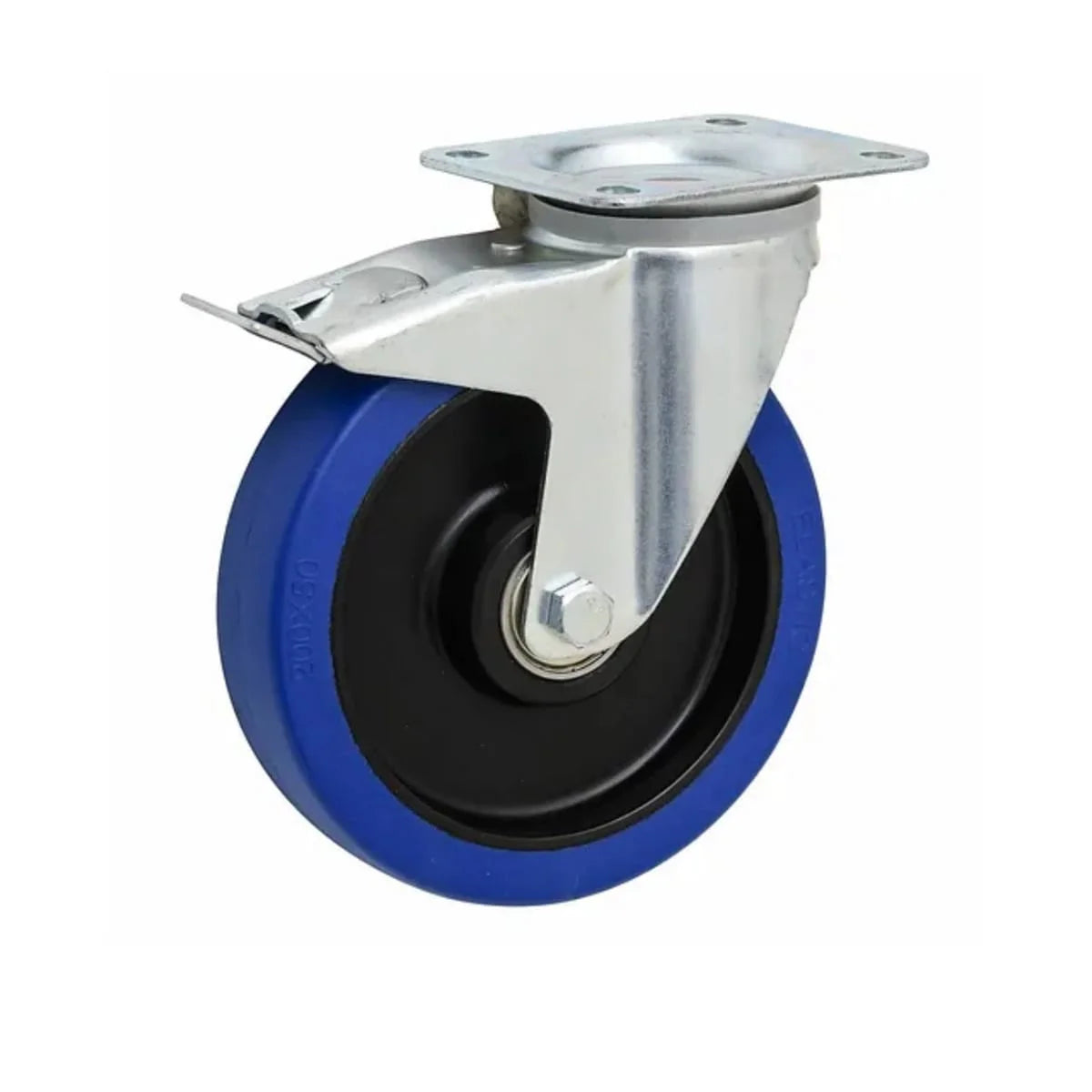 Roulettes brasero Ø80 mm pivotantes bleu et noir avec frein et support argenté
