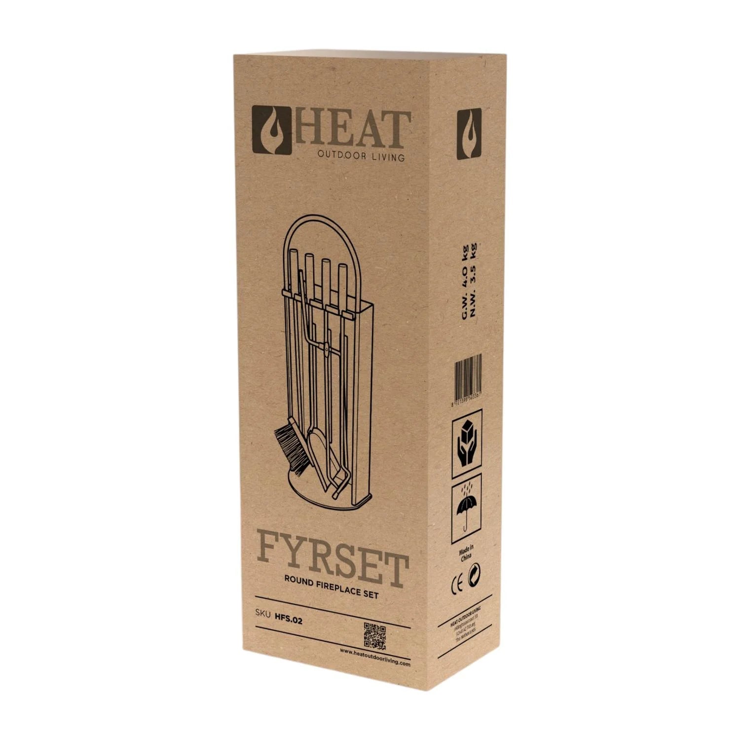 Boîte en carton marron pour serviteur de cheminée acier noir 65 cm avec 4 outils fyrset round pour feu extérieur
