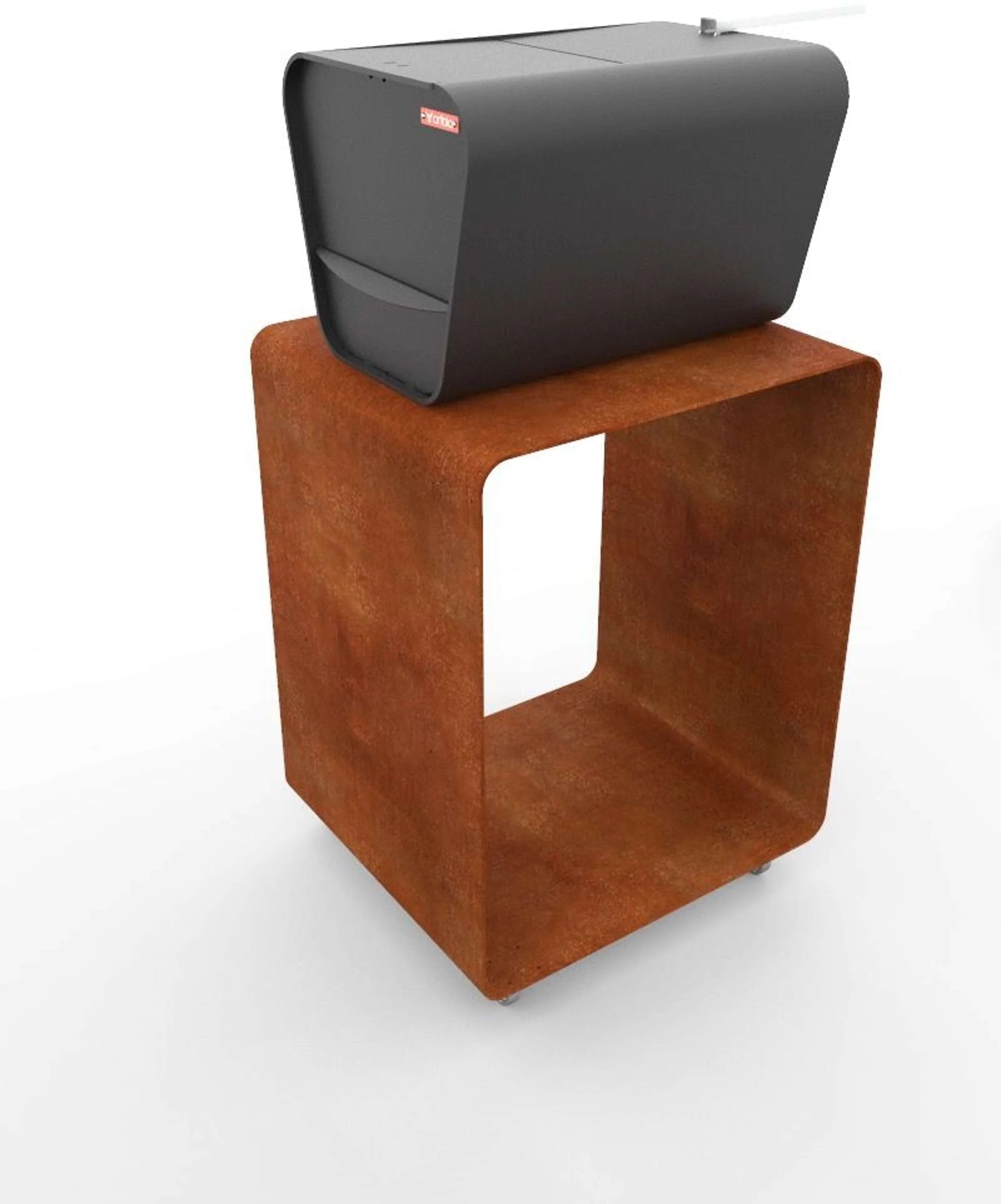 Imprimante noire sur piédestal en acier corten avec design ajouré et finition rouillée.