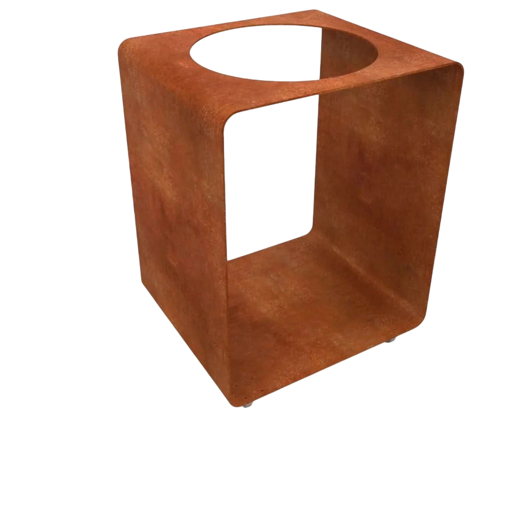 Pot en cube en terre cuite avec trou d’évacuation et surface texturée.