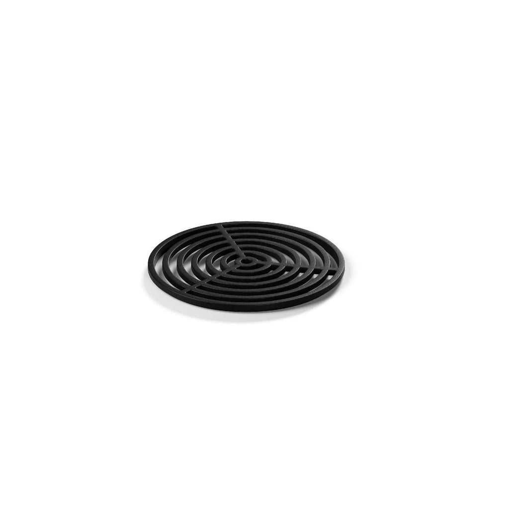Set-sous-verre trivet spirale noire en matériau caoutchouc avec design circulaire pour usage en cuisine.