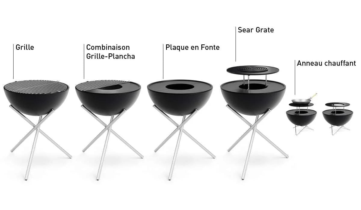 Barbecue portable noir et argent avec surfaces de cuisson interchangeables, incluant une grille de saisie et un anneau de réchauffage.