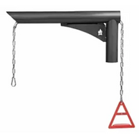 Support wok suspendu en acier noir avec chaînes et grip rouge triangulaire