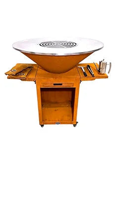 Tablette amovible acier Corten pour brasero plancha orange avec étagères bois