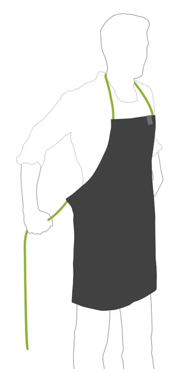Tablier noir avec bordure vert citron et sangle de cou réglable.