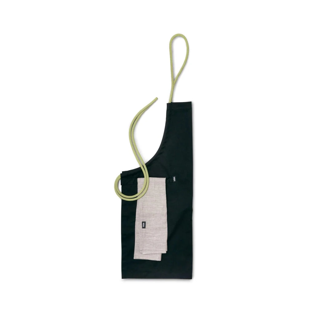 Tablier en cuir noir avec corde verte et poche blanche