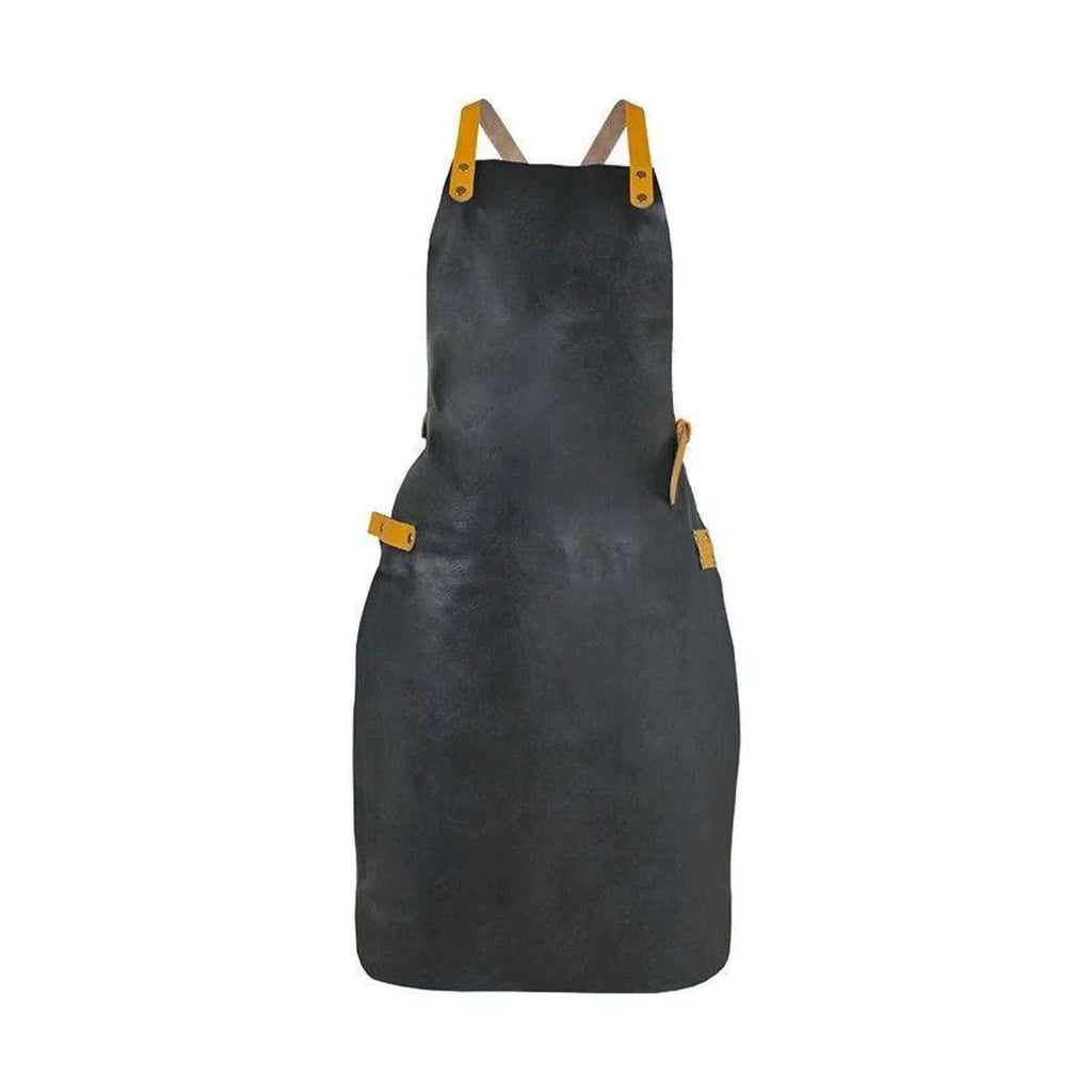 Tablier en cuir noir avec accents jaunes et sangles réglables.