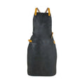 Tablier en cuir noir avec accents jaunes et sangles réglables.