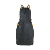 Tablier en cuir noir avec accents jaunes et sangles réglables.