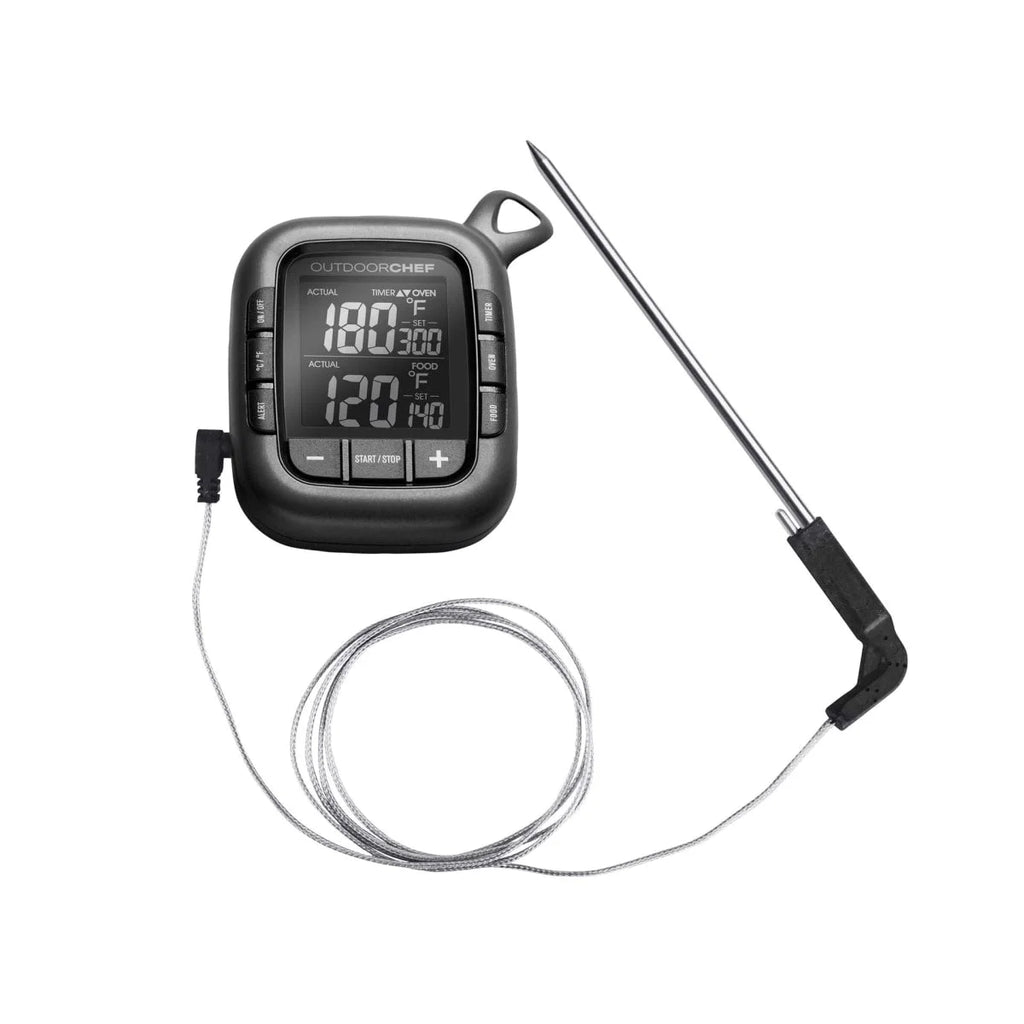 Thermomètre numérique noir avec sonde en acier inoxydable et câble, conçu pour la surveillance de la température de cuisson.