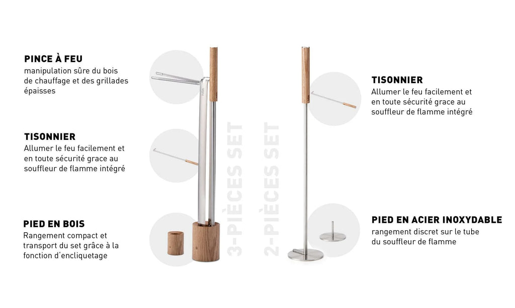 Ensemble moderne d’outils de cheminée en acier inoxydable avec souffleur de flamme intégré et base en bois, accents argent/or.