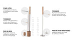 Ensemble moderne d’outils de cheminée en acier inoxydable avec souffleur de flamme intégré et base en bois, accents argent/or.