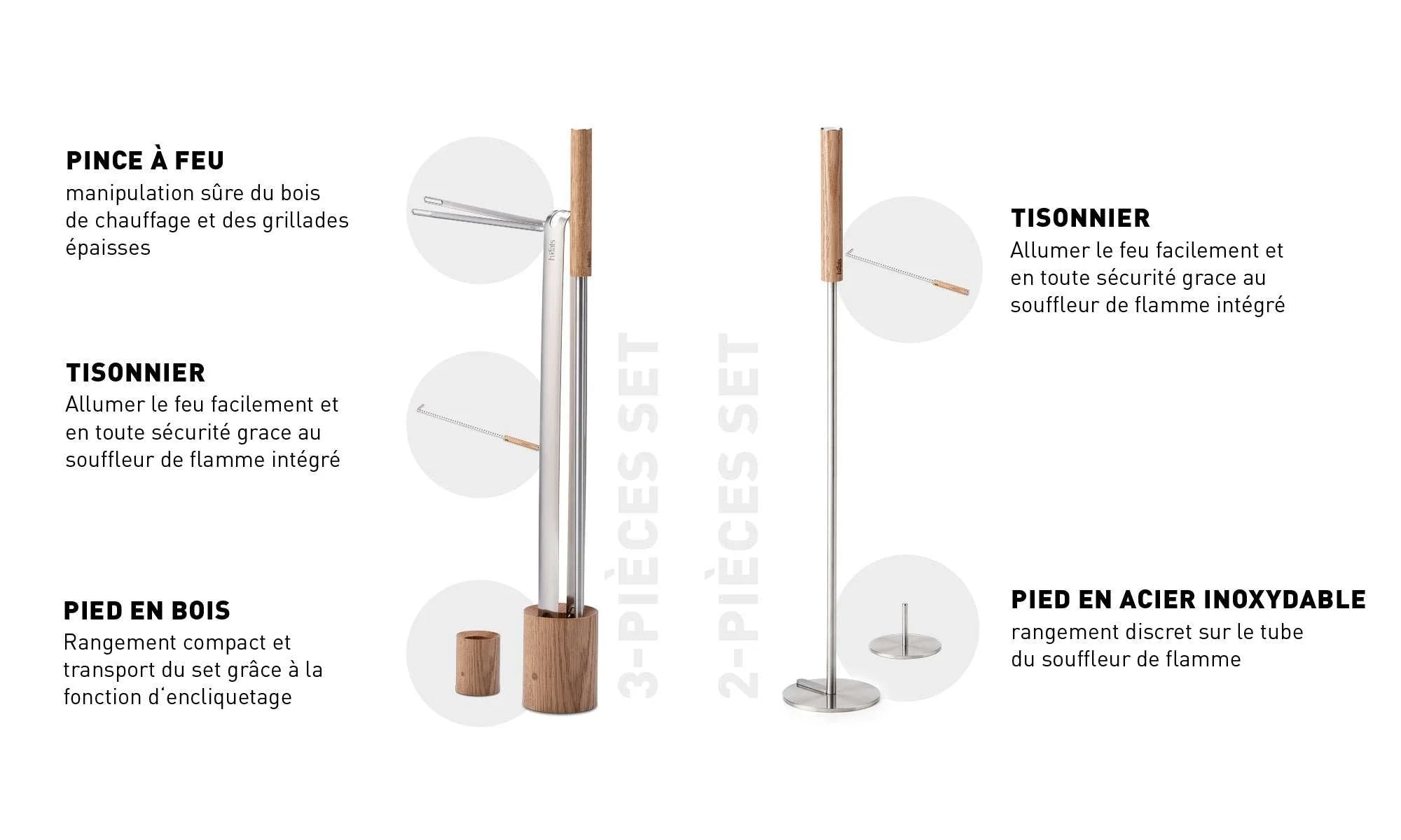 Ensemble moderne d’outils de cheminée en acier inoxydable avec souffleur de flamme intégré et base en bois, accents argent/or.
