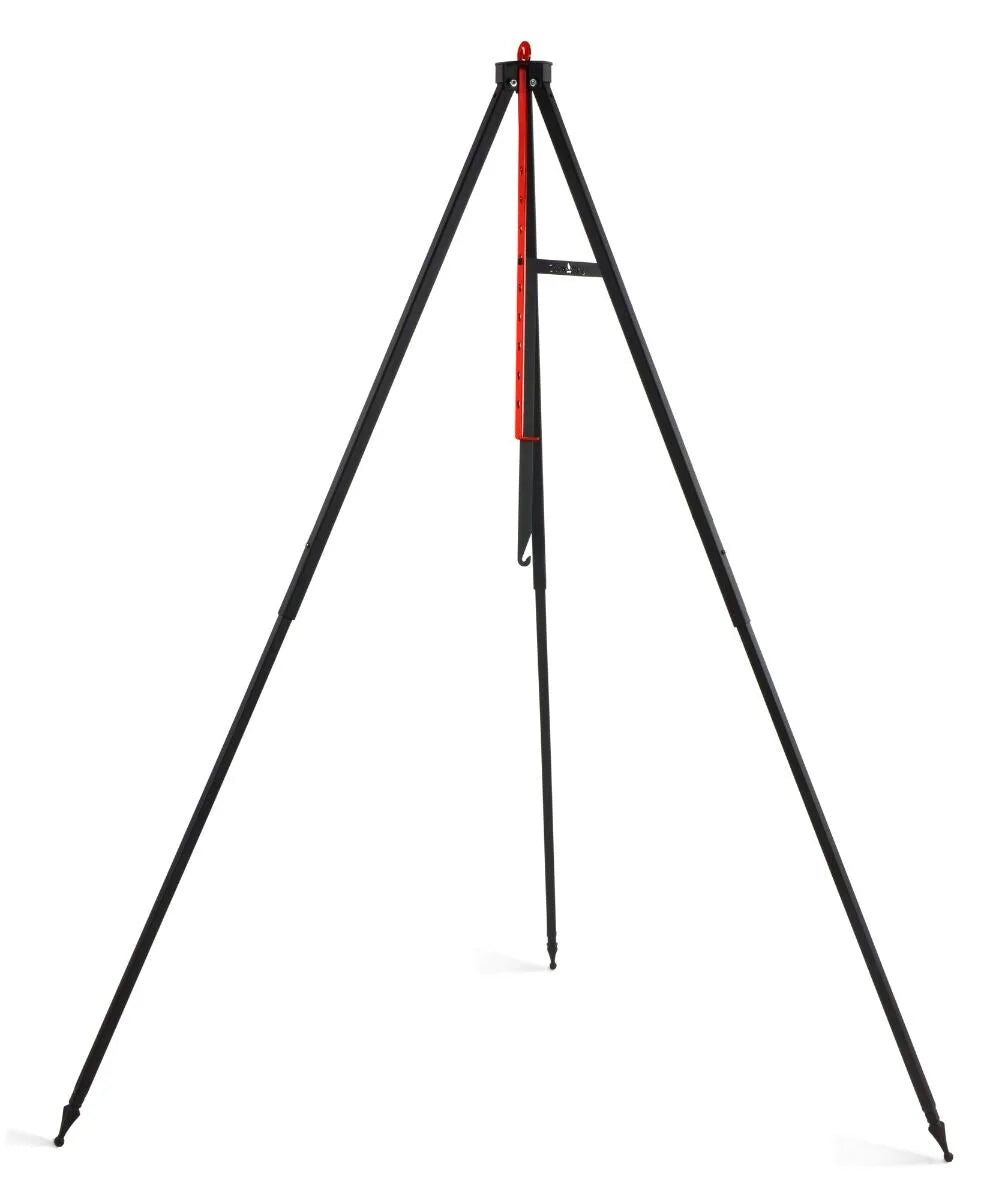 Trépied de cuisson noir avec colonne rouge, grille inox Ø60 cm suspendue