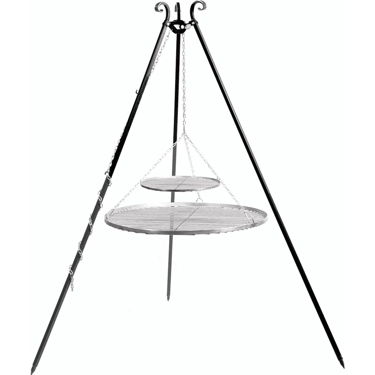 Trépied cuisson acier 180 cm avec 2 grilles inox Ø70/40 cm suspendues par chaînes