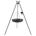 Mangeoire à oiseaux suspendue en fer forgé avec bol noir et chaînes, design sur trépied.