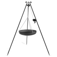Mangeoire à oiseaux suspendue en fer forgé avec bol noir et chaînes, design sur trépied.