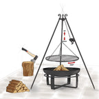 Foyer de feu sur trépied noir avec écran en maille réglable et capacité de rotation à 360 degrés.