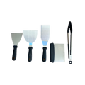 Ustensiles plancha brasero inox x5 : 4 outils manches noirs lames métal accents bleus