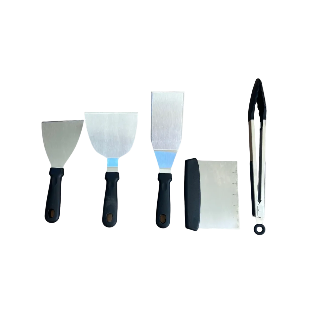 Ustensiles plancha brasero inox x5 : 4 outils manches noirs lames métal accents bleus