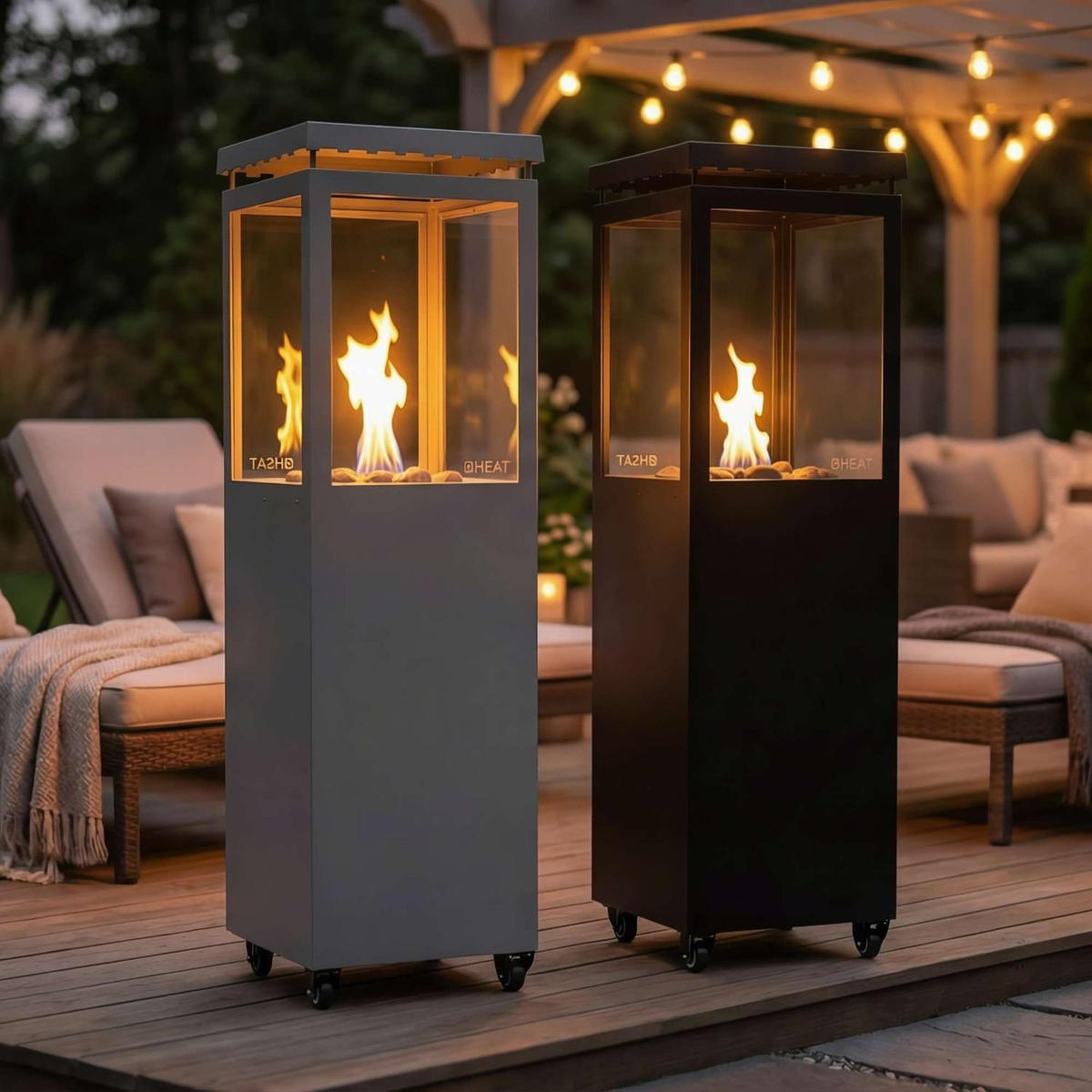 Deux chauffages UTEVARME, anthracite à gauche et noir à droite, en situation sur une terrasse