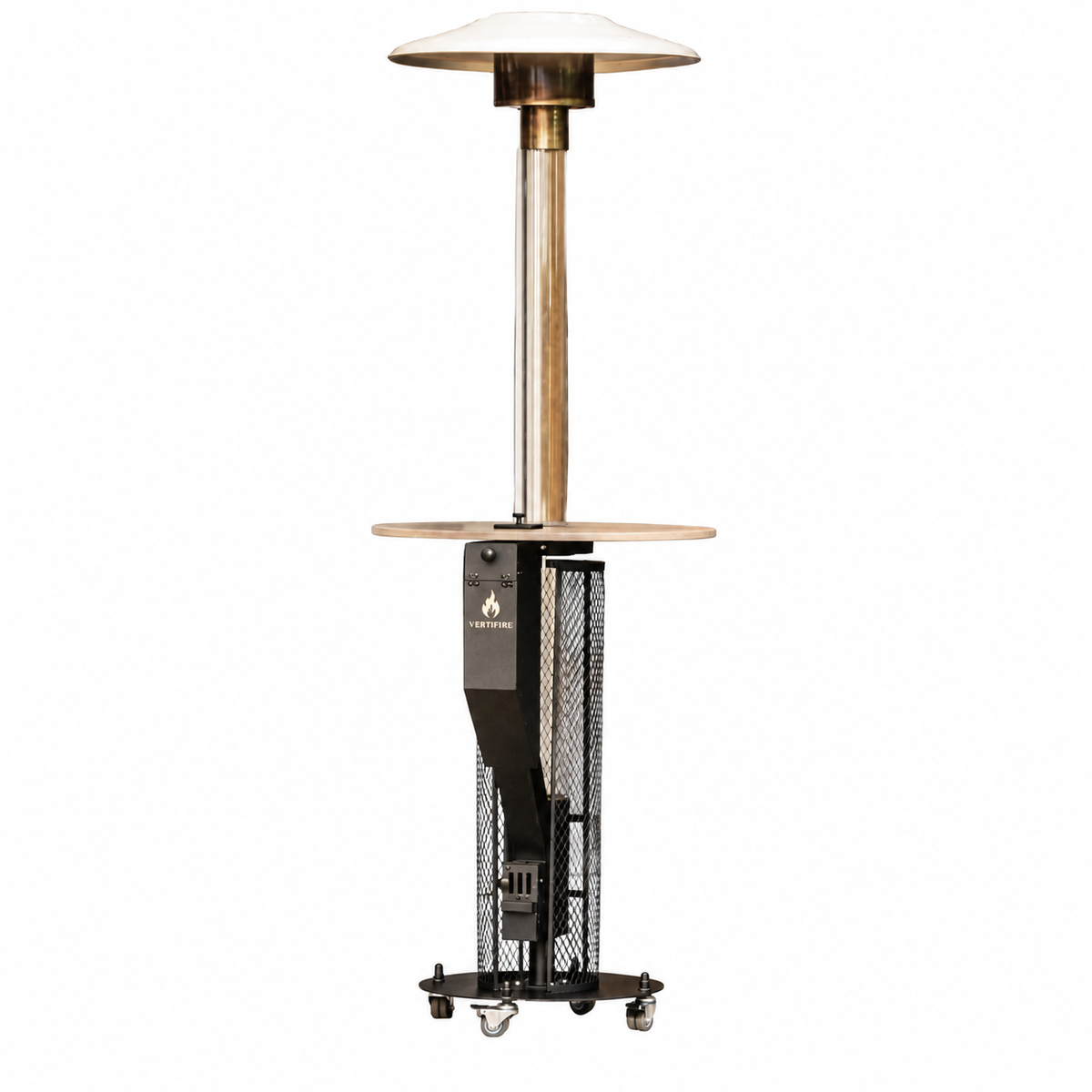 Vertifire 220 avec table et protection grillagée sur fond blanc — roulettes en option